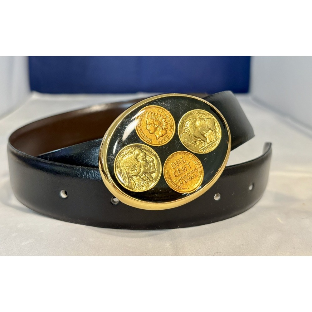 Vintage Old Coin Leather Belt Indian Head, Buffalo Nickel, Wheat Buckle